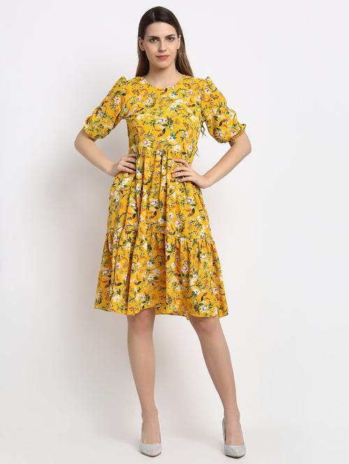 yellow poly blend fit & flare dress - 17689121 - Very Small Image - 1