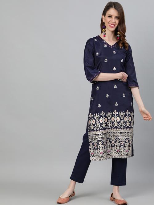 navy silk blend straight kurta - 17689405 - Very Small Image - 1