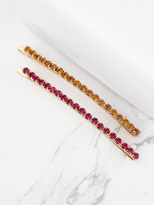 studded hair pins metallic hair pins, hair accessories for women - (red & orange color) - 17690322 - Very Small Image - 1