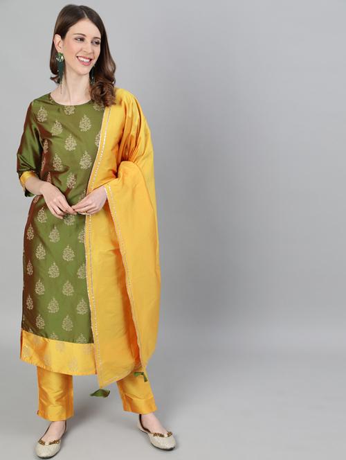 olive silk kurta pant set - 17690849 - Very Small Image - 1