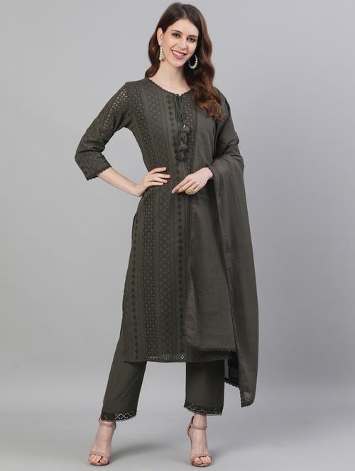 olive cotton kurta pant set - 17691039 - Very Small Image - 1