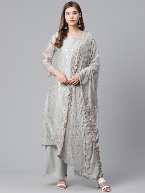 grey chanderi kurta palazzo set - 17691046 - Very Small Image - 1