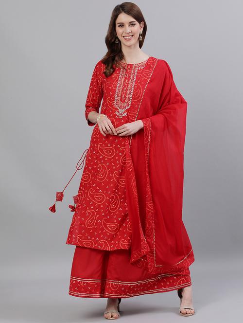 red cotton kurta sharara set - 17691054 - Very Small Image - 1