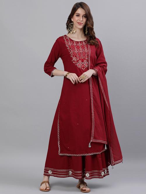 red cotton kurta sharara set - 17691056 - Very Small Image - 1