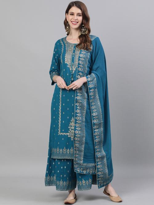 teal cotton kurta sharara set - 17691065 - Very Small Image - 1