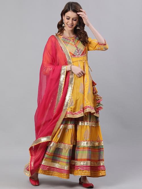 yellow silk kurta sharara set - 17691076 - Very Small Image - 1