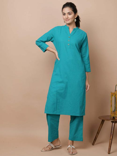 teal cotton kurta pant set - 17691689 - Very Small Image - 1