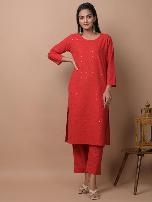 red cotton kurta pant set - 17691696 - Very Small Image - 1