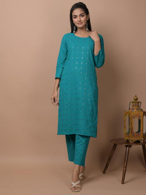 teal cotton kurta pant set - 17691697 - Very Small Image - 1