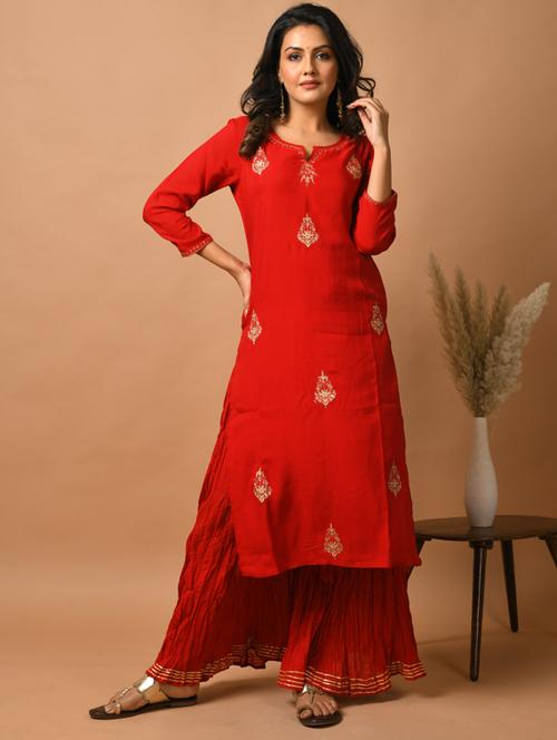 red silk kurta sharara set - 17691711 - Very Small Image - 1