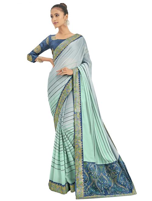turquoise printed saree with blouse - 17691885 - Very Small Image - 1
