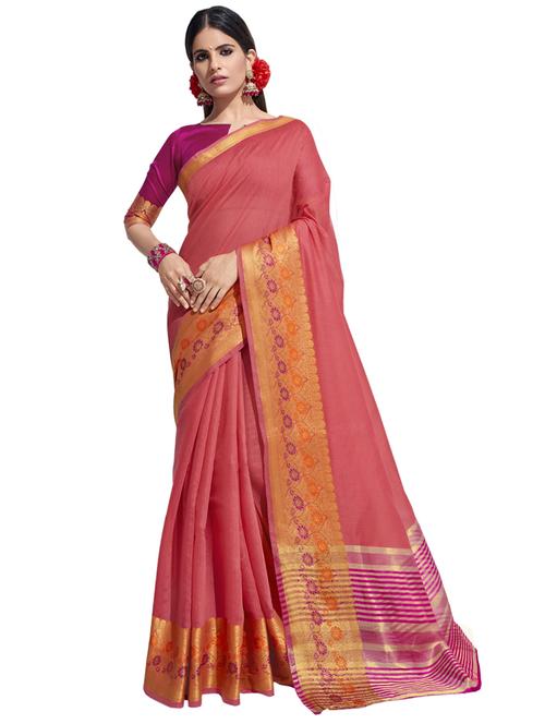 coral solid bordered saree - 17691914 - Very Small Image - 1
