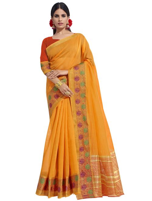 mustard solid bordered saree with blouse - 17691916 - Very Small Image - 1
