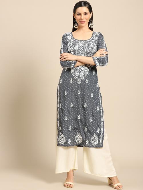 grey crepe straight kurta - 17693268 - Very Small Image - 1