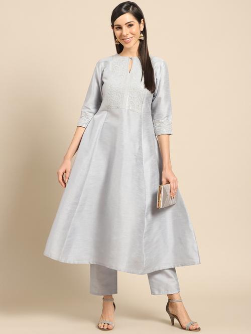 grey art silk kurta pant set - 17693318 - Very Small Image - 1