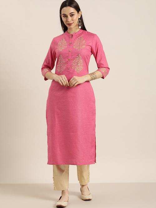 pink cotton straight kurta - 17694808 - Very Small Image - 1