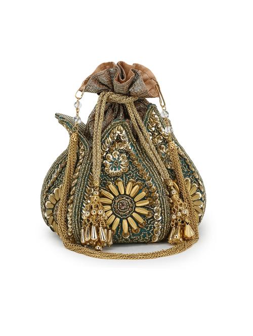 green faux silk ethnic potli - 17695070 - Very Small Image - 1