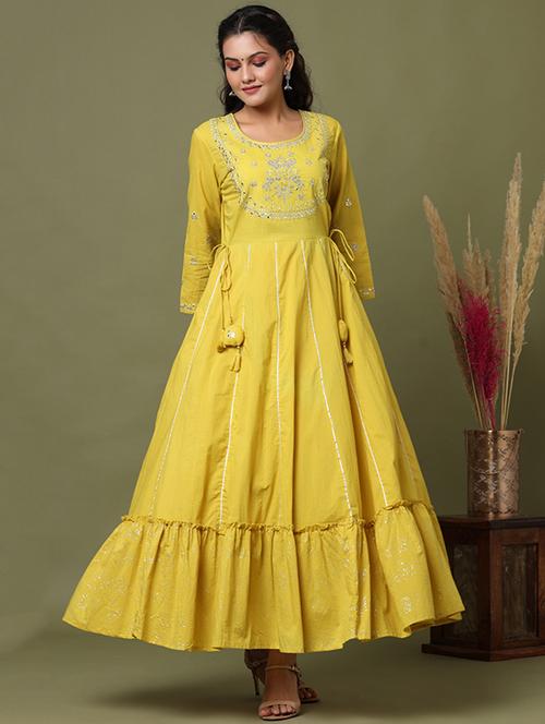 yellow cotton fit & flare gown - 17695163 - Very Small Image - 1