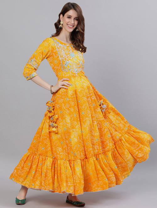 yellow rayon anarkali kurta - 17695386 - Very Small Image - 1