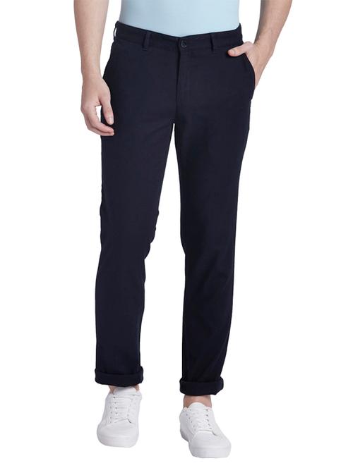 navy blue solid flat front casual trouser - 17697078 - Very Small Image - 1
