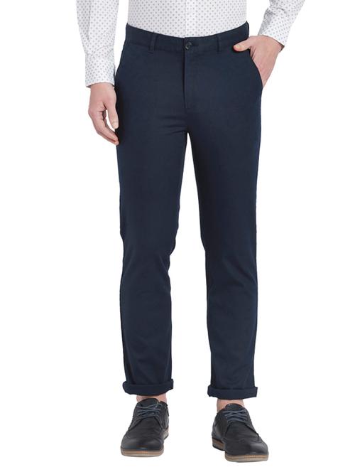 navy blue solid flat front casual trouser - 17697107 - Very Small Image - 1