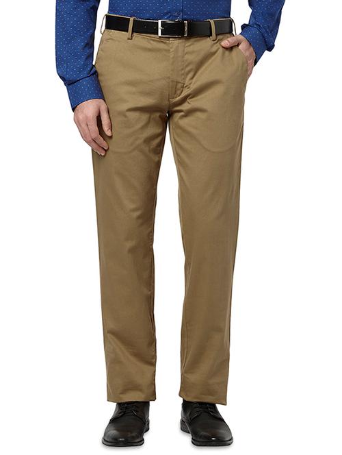 khaki solid flat front casual trouser - 17697130 - Very Small Image - 1