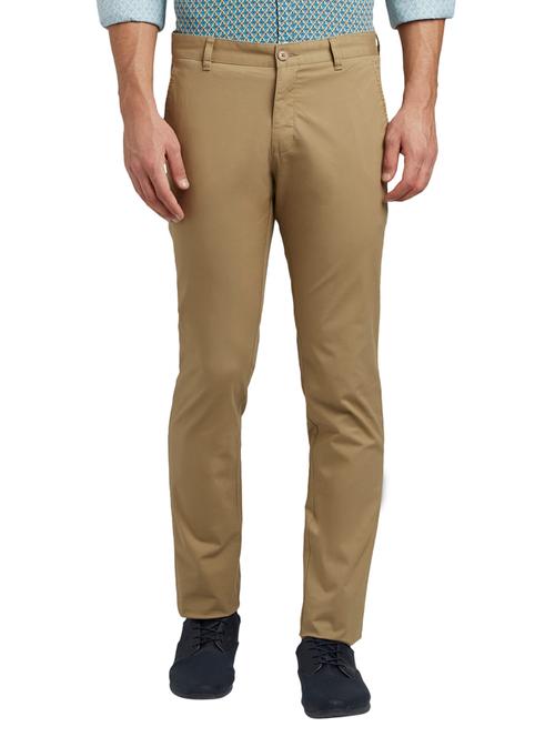 khaki solid flat front casual trouser - 17697264 - Very Small Image - 1