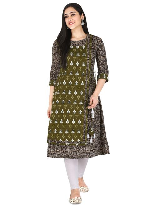 olive printed straight kurta - 17697924 - Very Small Image - 1