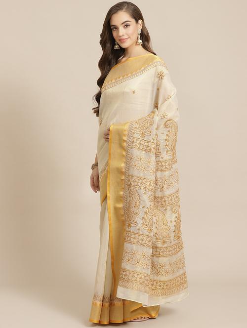 ada hand-embroidered beige chikankari saree with blouse - 17707263 - Very Small Image - 1