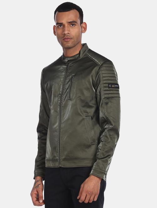 olive green solid biker jacket - 17708419 - Very Small Image - 1