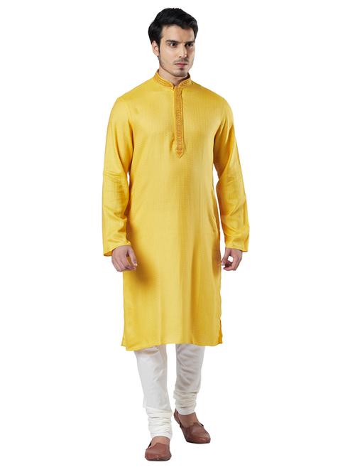 yellow jacquard long kurta with embroidered neckline - 17709720 - Very Small Image - 1
