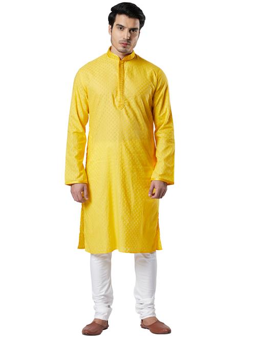 yellow self design long kurta with embroidered neckline - 17709737 - Very Small Image - 1