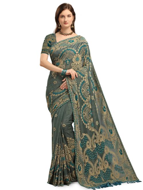 grey self design saree with blouse - 17710011 - Very Small Image - 1