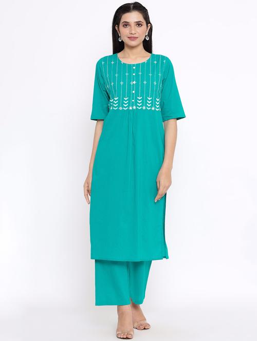 turquoise embroided kurta palazzo set - 17714856 - Very Small Image - 1