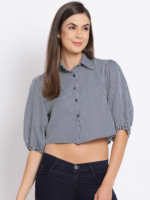 puff sleeved striped crop shirt - 17715169 - Very Small Image - 1