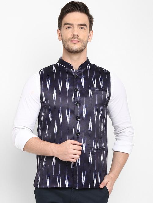navy blue printed nehru jacket - 17718803 - Very Small Image - 1