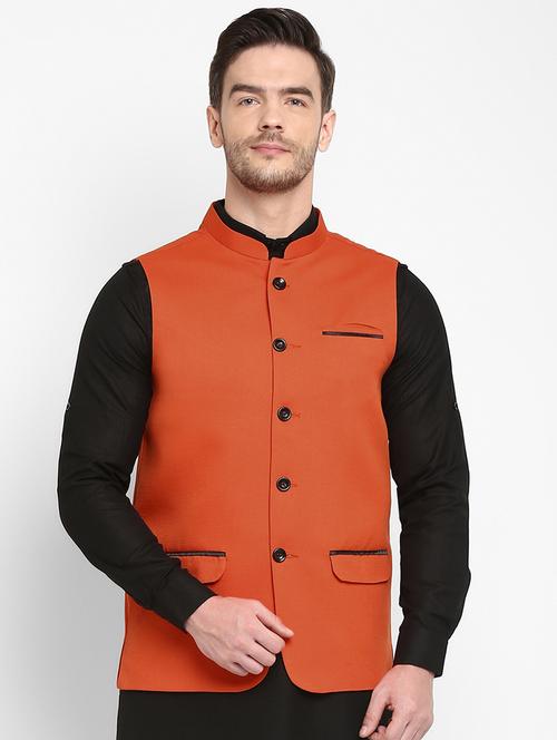 orange solid khaadi nehru jacket - 17718860 - Very Small Image - 1