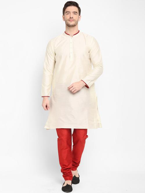 off white solid silk blend kurta pyjama set - 17718894 - Very Small Image - 1