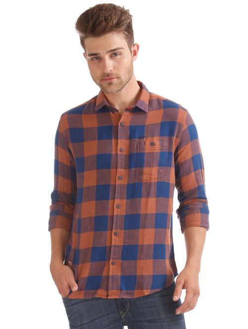 orange checkered casual shirt - 17728109 - Very Small Image - 1