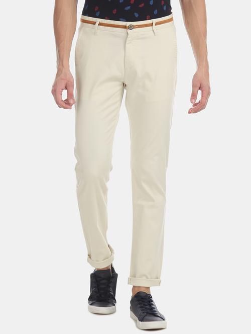 beige solid flat front casual trouser - 17730302 - Very Small Image - 1