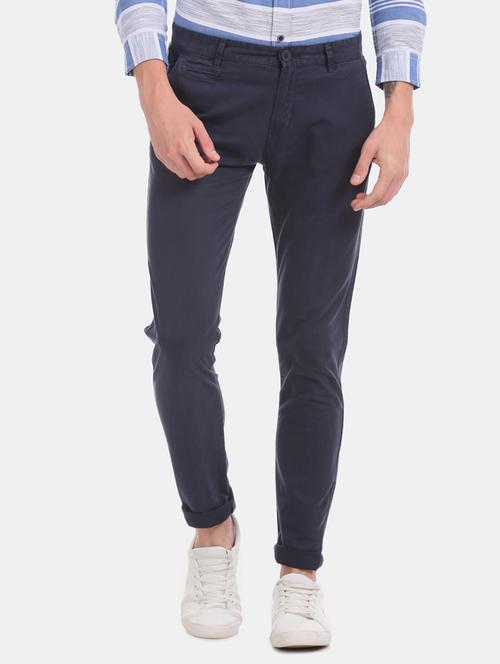 navy blue solid flat front casual trouser - 17730582 - Very Small Image - 1