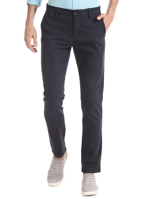 navy blue solid flat front casual trouser - 17730689 - Very Small Image - 1