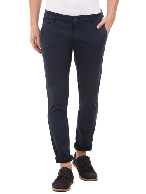 navy blue solid flat front casual trouser - 17730713 - Very Small Image - 1