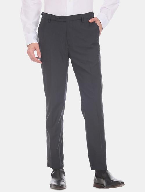 navy blue textured flat front formal trouser - 17731094 - Very Small Image - 1