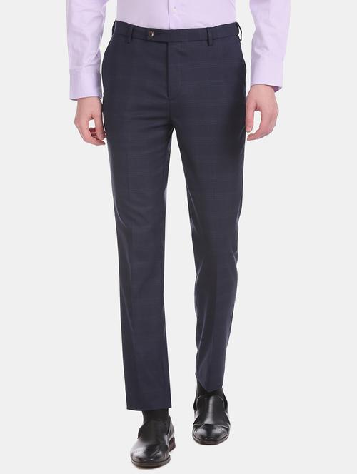 navy blue checkered flat front formal trouser - 17731111 - Very Small Image - 1