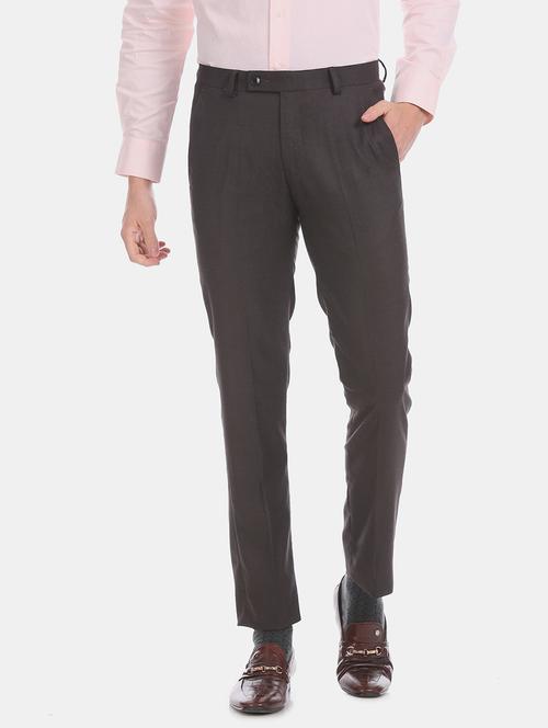 brown solid flat front formal trouser - 17731123 - Very Small Image - 1