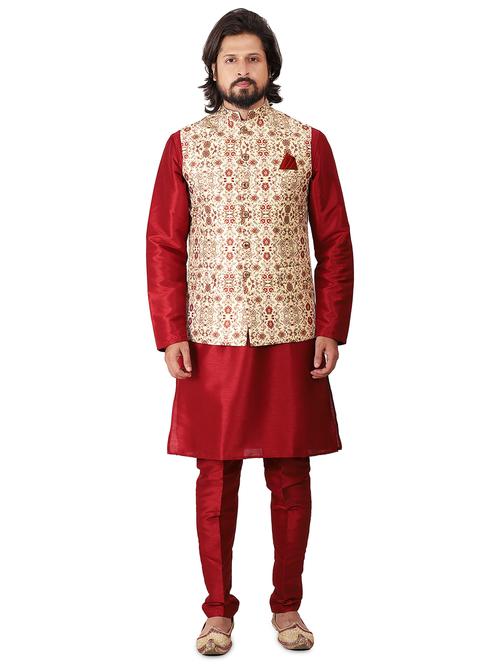 maroon silk blend kurta pyjama set with cream printed nehru jacket - 17732655 - Very Small Image - 1