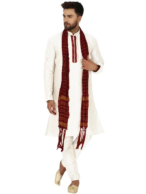 off white embroidered kurta pyjama set with red stole - 17733259 - Very Small Image - 1
