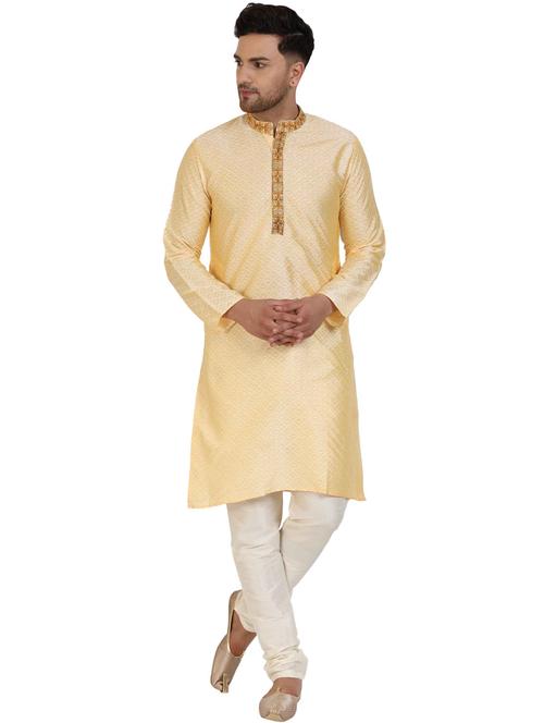 beige jacquard kurta pyjama set with embroidered neckline - 17733280 - Very Small Image - 1