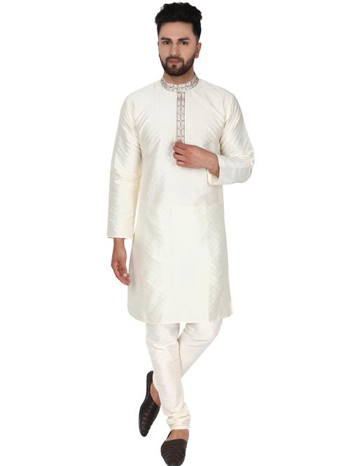 off white self design kurta pyjama set with embroidered neckline - 17733283 - Very Small Image - 1